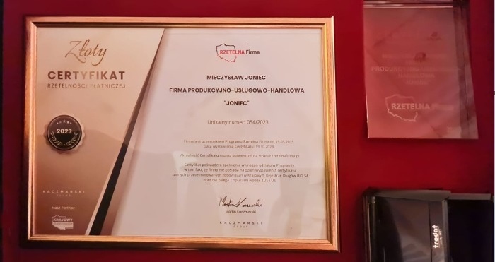 Złoty Certyfikat Rzetelności dla firmy JONIEC®