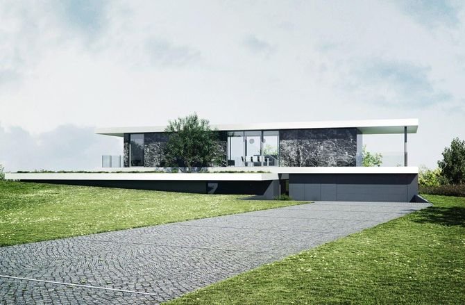 Dom w formie pawilonu wyróżnia się stonowaną biało-szarą elewacją oraz geometrycznymi bryłami