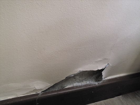 Skutki braku szczelności połączenia izolacji poziomej na ławach i izolacji podposadzkowej; fot. M. Rokiel