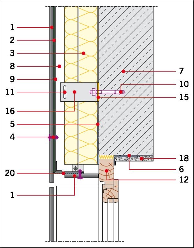 Rys. 5. Detal wykonania elewacji wentylowanej na ruszcie z aluminium: ościeże okienne. Objaśnienia: 1 – okładzina elewacyjna, 2 – taśma EPDM, 3 – wełna mineralna z welonem szklanym, 4 – łącznik płyty, 5 – taśma paroizolacyjna, 6 – taśma paroprzepuszczaln.