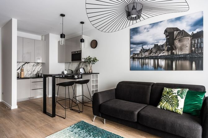 Architekci podzielili apartament na część intymną (sypialnię) i dzienną (kuchnię połączoną z jadalnią i miejscem do wypoczynku).