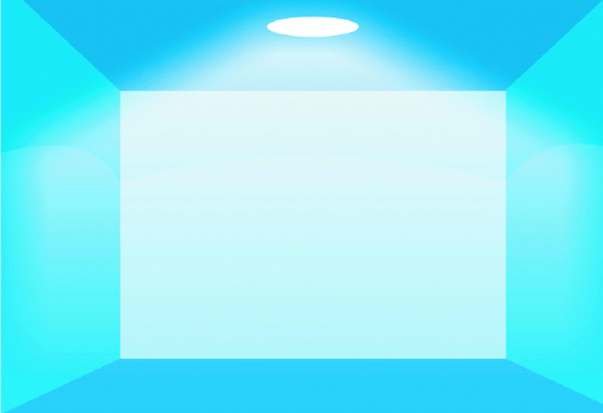 Sposoby umieszczania świetlika na dachu: uproszczony rozkład natężenia oświetlenia pod rozpraszaczem świetlika w pomieszczeniu regularnym bez okien, gdzie świetlik zamontowany jest centralnie
