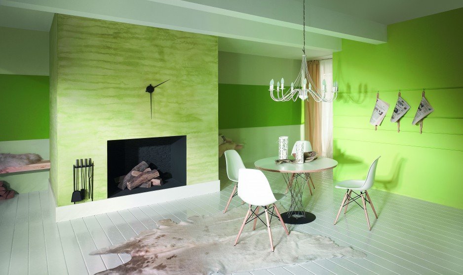 ECO Design to trend, w którym pojawiają się kolory natury i Ziemi, struktury inspirowane naturalnymi kamieniami czy zjawiskami zachodzącymi w przyrodzie. Tu użyto farb: S 53 Zielony Diament, GY 4120, GY 5080, Trawertyn Oliwin P8.