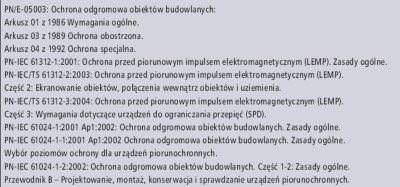 Zestawienie ważniejszych norm dotyczących ochrony odgromowej