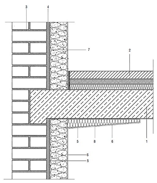 Rys. 5. Ocieplenie połączenia stropu żelbetowego ze ścianą zewnętrzną: 1 – strop żelbetowy, 2 – warstwy podłogi na stropie, 3 – docieplana ściana, 4 – tynk wewnętrzny na docieplanej ścianie (np. wyrównujący powierzchnię), 5 – klej do płyt termoizolacyjnych, 6 – tynk wewnętrzny, 7 – płyty termoizolacyjne, 8 – klin z płyt termoizolacyjnych Fot. Xella