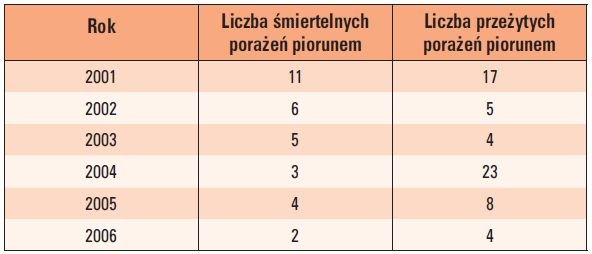 Liczba wszystkich osób porażonych piorunem w latach 2002–2006 na podstawie danych GUS