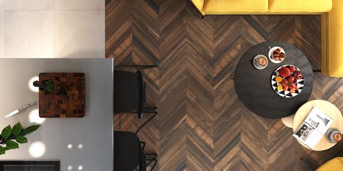 Mieszkanie urządzone w minimalistycznej estetyce, wzbogaconej akcentami w klimacie loft oraz retro. Wyraziste połączenie wielu faktur i kolor&oacute;w sprawia, że wnętrze jest dynamiczne. Projekt: Daniel Niewiadomski &bdquo;Trzy stawy&rdquo;, podłoga FertigParkiet Chevron Dąb Antykot, fot. Jawor-Parkiet