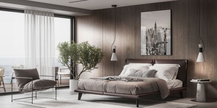 Elegancka sypialnia w nastroju Nordic. Na ścianie dekor Jesion Portland Ciemny R34024, fot. Pfleiderer