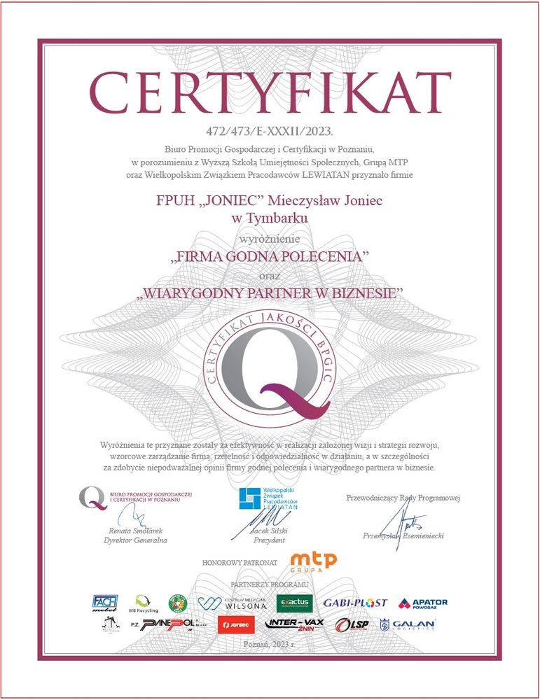 certyfikat firma godna polecenia joniec