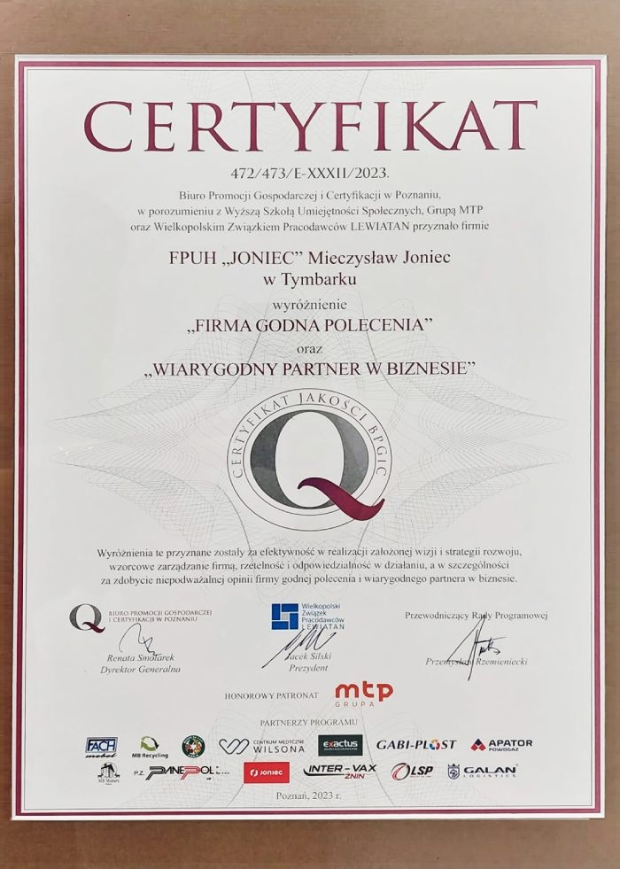 certyfikat dla firmy joniec