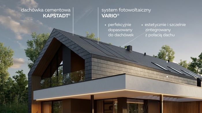 Projekt domu HOMEKONCEPT 102 G2 z dachem wykonanym z dachówki cementowej KAPSTADT z systemem fotowoltaicznym VARIO