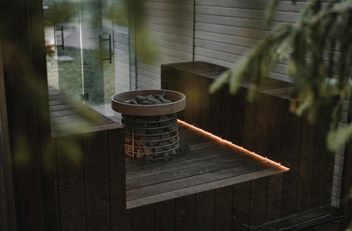 nowoczaesna sauna widziana zza liści