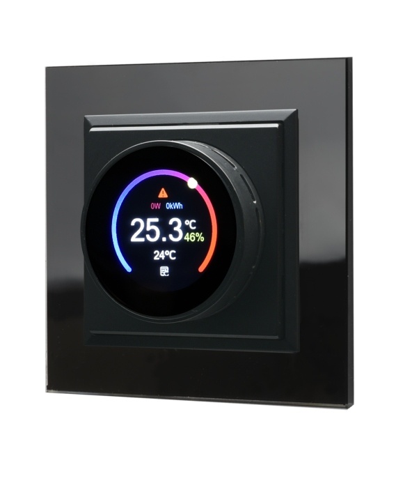 czarny elektroniczny regulator temperatury w szklanym wykończeniu
