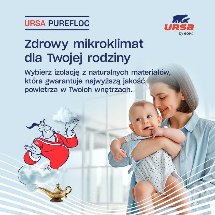 kobieta z niemowlakiem i dżinem z lampy na reklamie